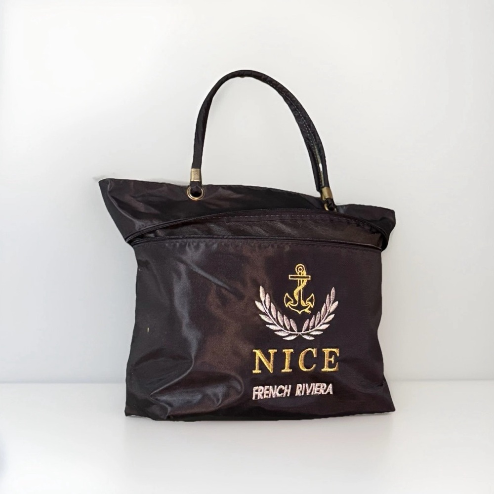 Black Tote Bag Gold Embroidery Zip Top Waterproof Medium Shopping Tote